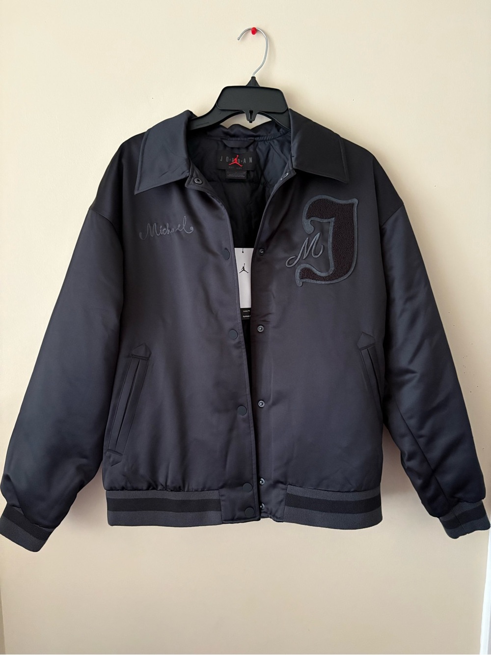 Jordan Black Satin Women’s Bomber Jacket with Embroidered 'J' Sz. S NEW